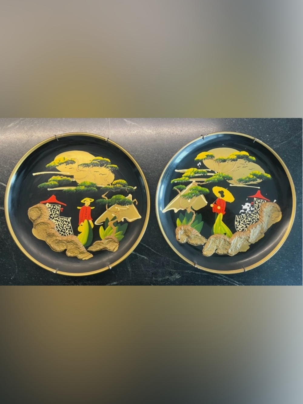 Hand-Painted Mid Century Asian Style Decorative Black & Gold wall plates